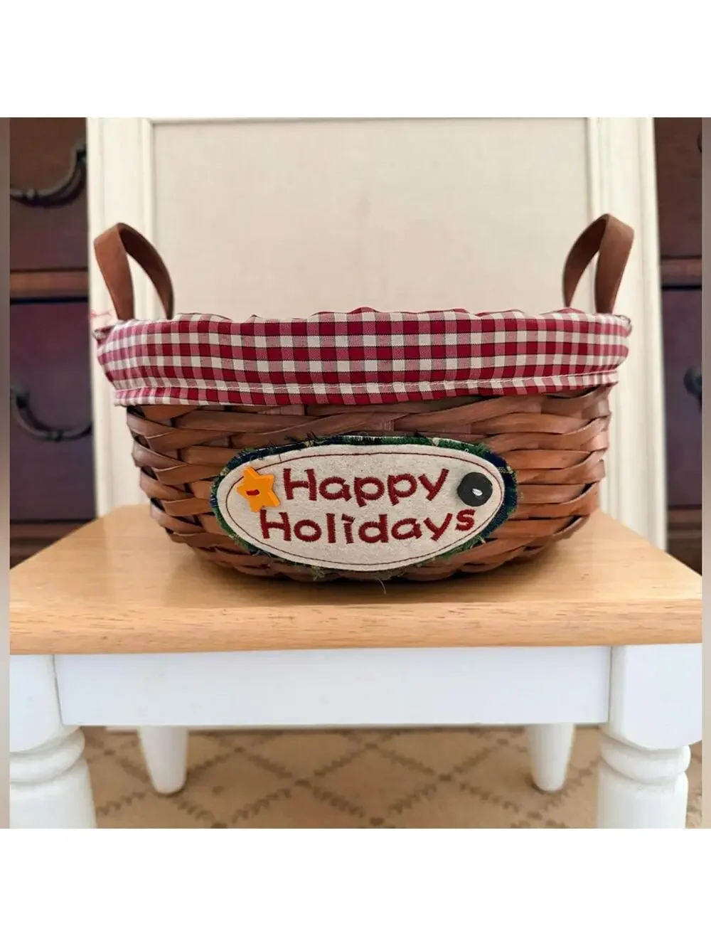 Vintage Country charm Christmas holiday basket with a red gingham fabric liner.